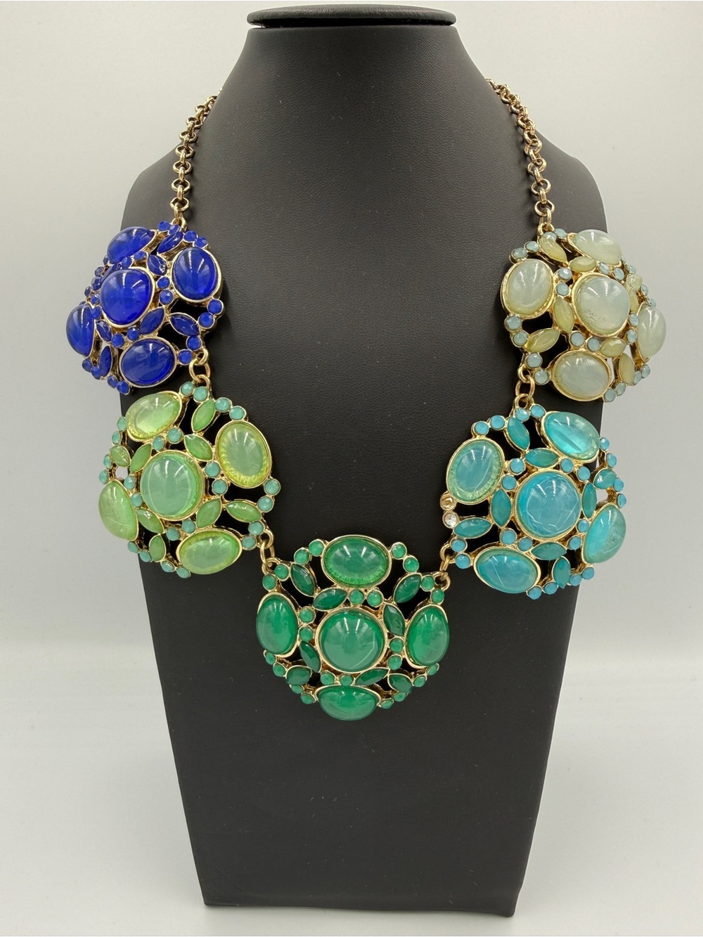 Gold Tone Blue Green Aqua Cabochon Medallion Statement Bib Necklace Adjustable